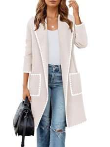 ZESICA Women's Beige Open Front Cardigan with Pockets