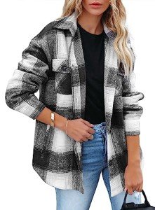 Plaid Button-Down Shacket for Women - Black & White