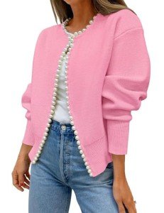 ZESICA Women's Pink Pearls Trim Cardigan Sweater