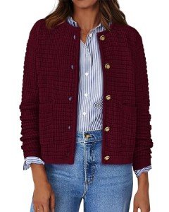 Button-Down Chunky Knit Cardigan in Wine Red