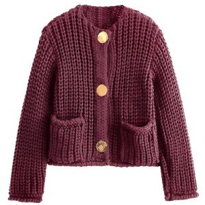 Dark Red Cropped Chunky Cardigan Sweater for Women