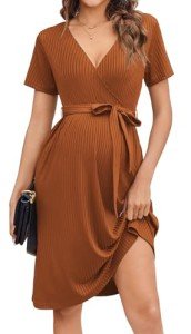 Ekouaer Caramel V Neck Maternity Midi Dress
