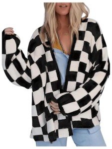 Checkered Oversized Open Front Cardigan for Women