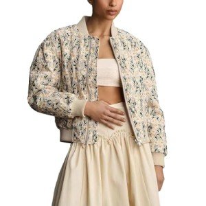 Embroidered Daisy Cropped Bomber Jacket for Women