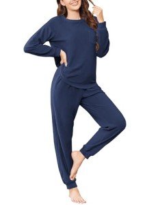 Ekouaer Women's Cozy Fleece Pajama Set - Navy Blue