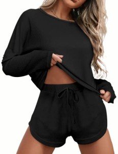 Ekouaer Women’s Black Waffle Knit Pajama Set