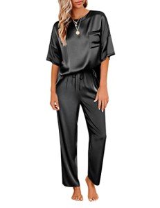 Ekouaer Women’s Black Silk Satin Pajama Set