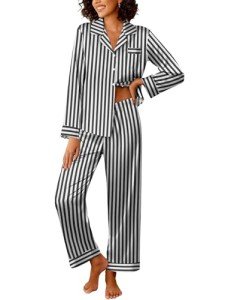 Ekouaer Women's Silk Satin Pajama Set - Striped