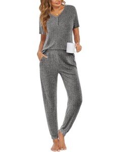 Ekouaer Women's Gray Knit Pajama Lounge Set