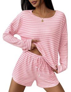 Ekouaer Women's Striped Waffle Lounge Set