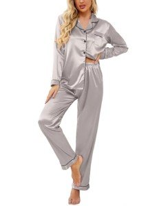 Ekouaer Women's Satin Silk Button Down Pajama Set