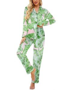 Ekouaer Women's Silk Pajama Set - Pink Leaves