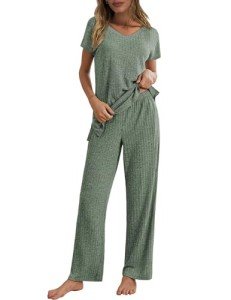 Ekouaer Women’s Ribbed Knit Lounge Set - Dark Green