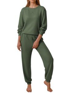 Ekouaer Women's Waffle Knit Pajama Set - Deep Green