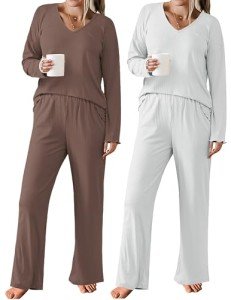 Ekouaer Women's Ribbed Knit Pajama Set - 2 Pack