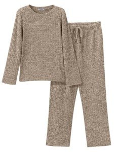 Ekouaer Women's Ribbed Knit Lounge Pajama Set