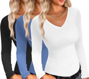 Ekouaer Women’s 3 Pack V Neck Long Sleeve Tops