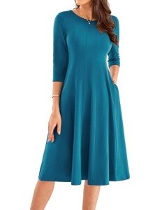 Peacock Blue Fit and Flare Midi Dress with Pockets