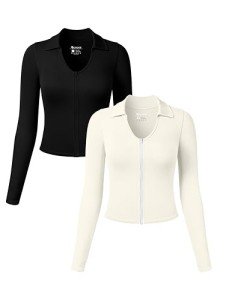 OQQ Women's Fitted Long Sleeve Zipper Tops