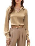 Camel Satin Silk V Neck Blouse for Women