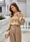 Camel Satin Silk V Neck Blouse for Women