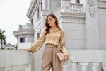 Camel Satin Silk V Neck Blouse for Women