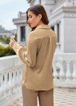 Camel Satin Silk V Neck Blouse for Women