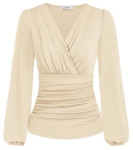 Vintage V-Neck Long Sleeve Wrap Top in Apricot