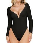Popilush Black Lace Deep V Bodysuit for Women