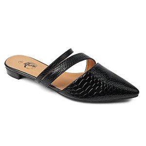 Trary Women's Pointy Toe Black Flat Mule Slides