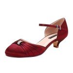 Burgundy Low Kitten Heel Ankle Strap Bridal Shoes
