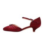 Burgundy Low Kitten Heel Ankle Strap Bridal Shoes