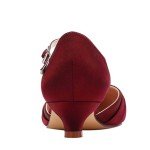 Burgundy Low Kitten Heel Ankle Strap Bridal Shoes
