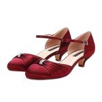 Burgundy Low Kitten Heel Ankle Strap Bridal Shoes