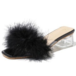 Black Square Toe Chunky Block Heel Mules