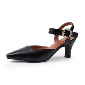 Elegant Black Mid Heel Sandals with Diamante Buckle