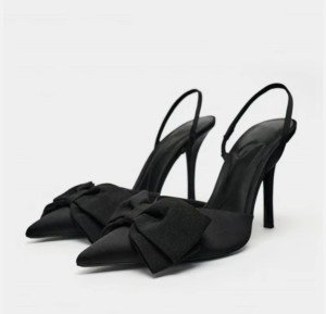 Black Slingback Heeled Sandals with Bow Knot