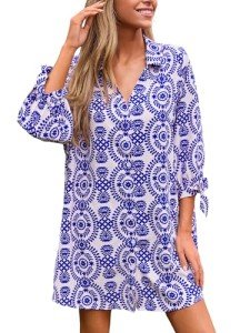 Floral Tie-Front Shirt Dress in Blue Paisley