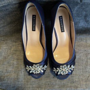 Erijunor Navy Blue Rhinestone Peep Toe Heels