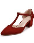 Maroon T-Strap Block Heel Pumps for Women