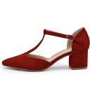 Maroon T-Strap Block Heel Pumps for Women
