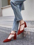 Maroon T-Strap Block Heel Pumps for Women