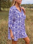 Floral Tie-Front Shirt Dress in Blue Paisley