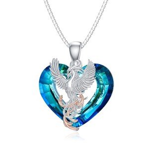 Sterling Silver Phoenix Heart Necklace with Blue Crystal