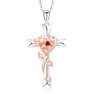 Trendy 925 Sterling Silver Cross Birthstone Necklace