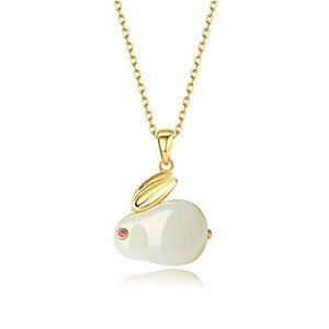 14K Gold Rabbit Necklace with Jade Pendant