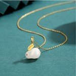 14K Gold Rabbit Necklace with Jade Pendant