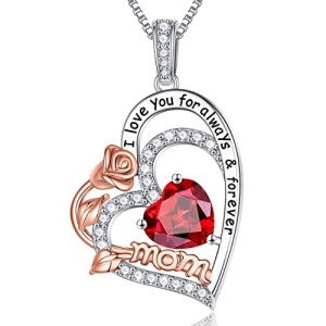 Mom Birthstone Necklace - Silver Rose Heart Jewelry