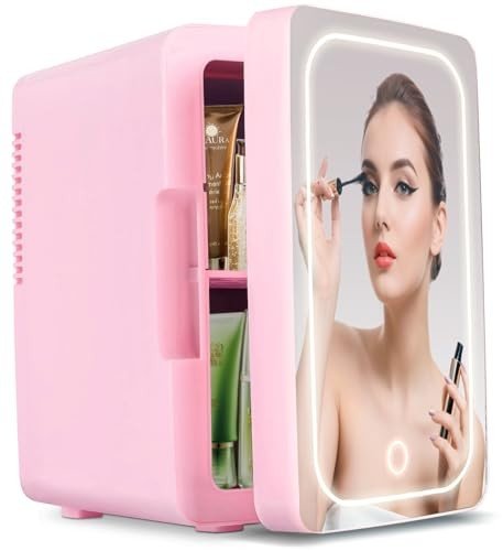 Mini Skincare Fridge with LED Mirror, 6L Pink