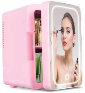 Mini Skincare Fridge with LED Mirror, 6L Pink